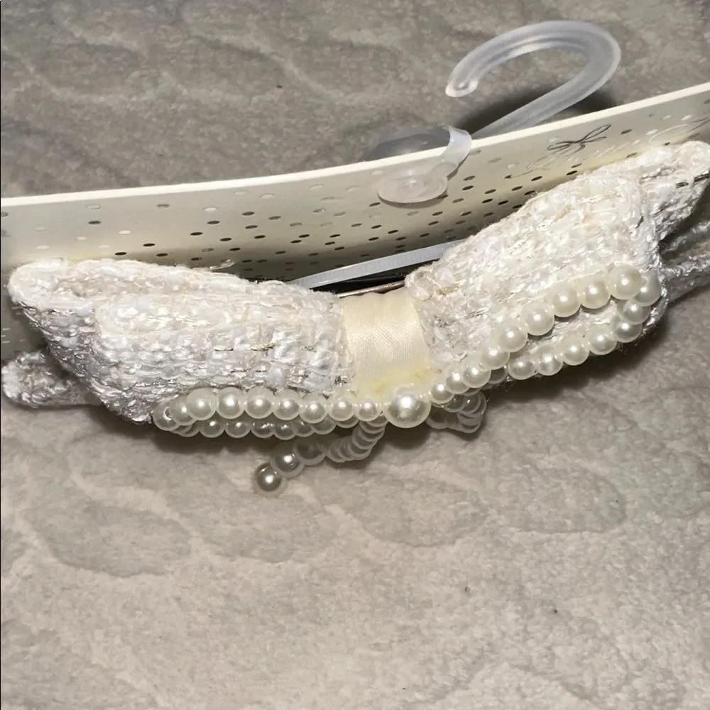 DANBAR GLOBAL Child Adult Ivory Gold White Tweed Faux Pearl Over Bow Hair Clip
